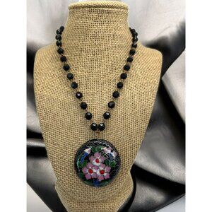 Vintage Cloisonne Pendant Necklace Black Faceted Glass Beads Adjustable 21"